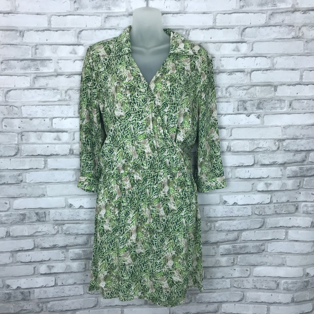 CAbi Dress Womens Small Leaf Print Green Faux Wrap Tunic V-Neck Elastic Waist